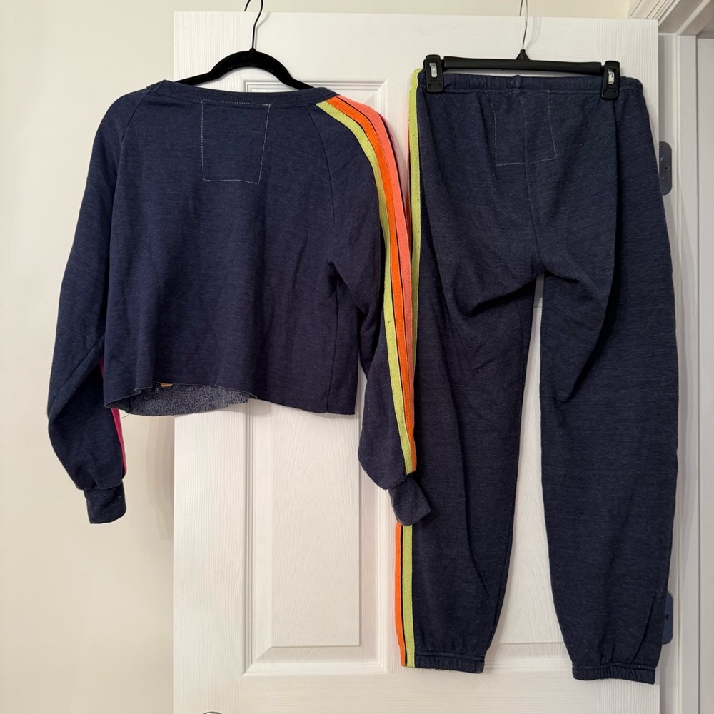 Aviator Nation Bolt Cropped Classic Crewneck & Stripe Sweatpants Set Navy - Picture 6 of 9